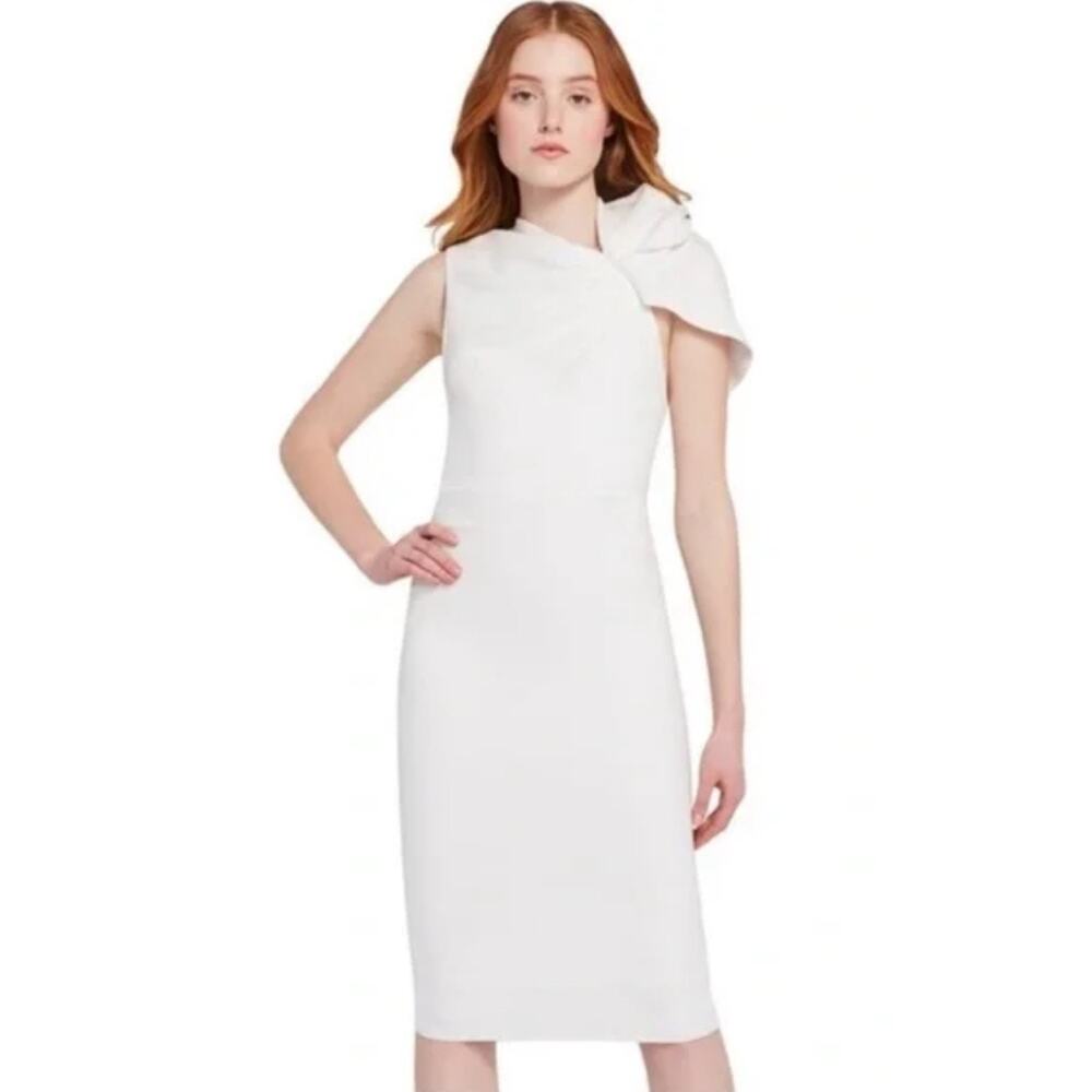 Alice +‎ Olivia Kiro Ruffle-Shoulder Midi Sheath Dress in Bright White Size 4
